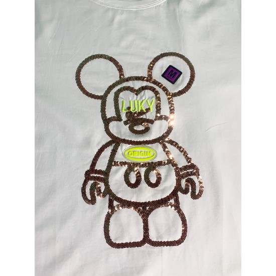 Дамска бяла тениска от мъниста с Мики Маус